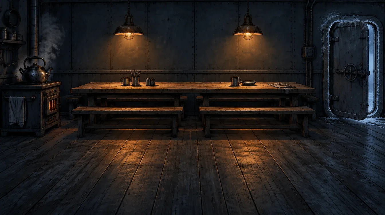 Dapur kapal dengan meja kayu panjang, tungku besi, dan pintu palka berbunga es di kanan